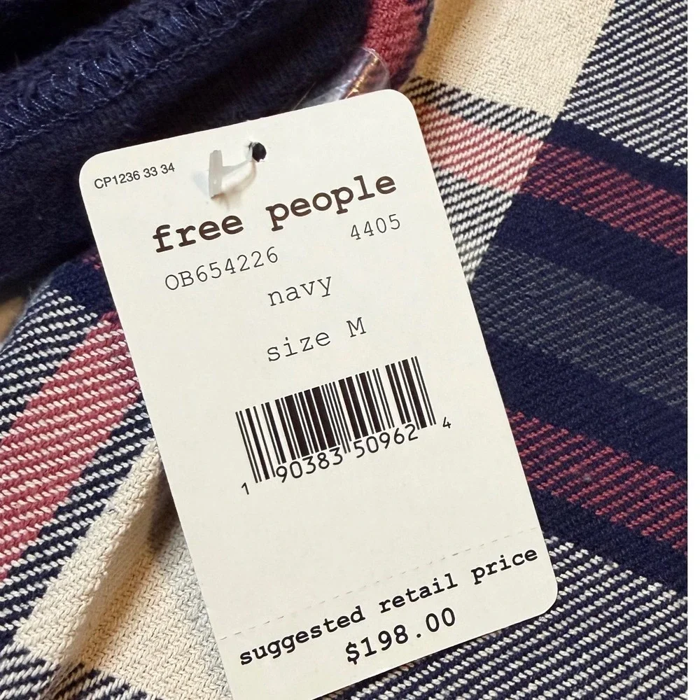 Free People Hooded Flannel Shirt Womens M Navy Plaid Shirt NWT